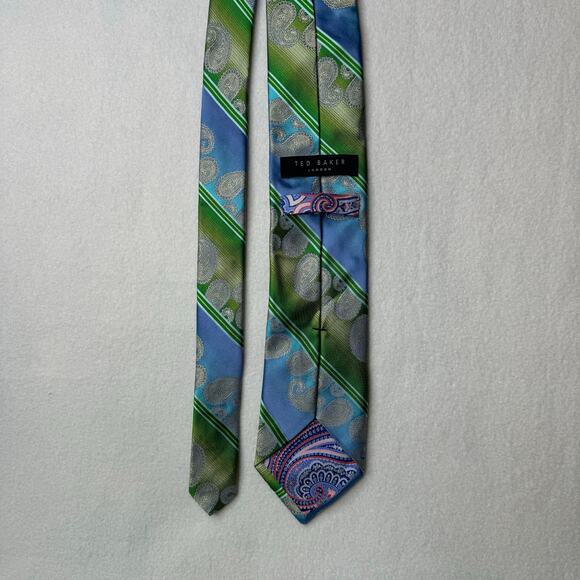 TED BAKER London Mens 100% Silk 60”x3”  Necktie‎ Designer EUC Blue Green Paisley - Picture 4 of 6